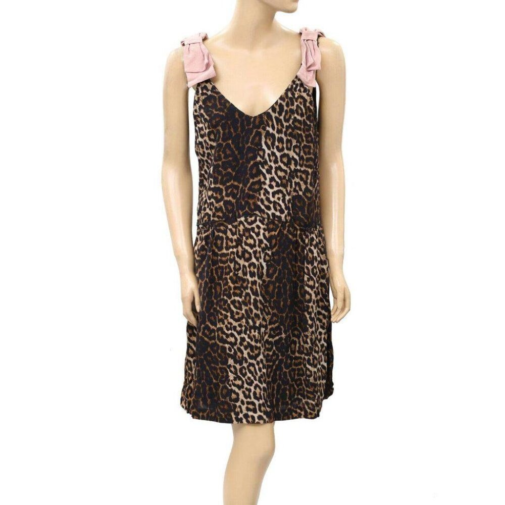 Laurence Bras Paris Animal Leopard Printed Mini Dress Bow Sleeveless S